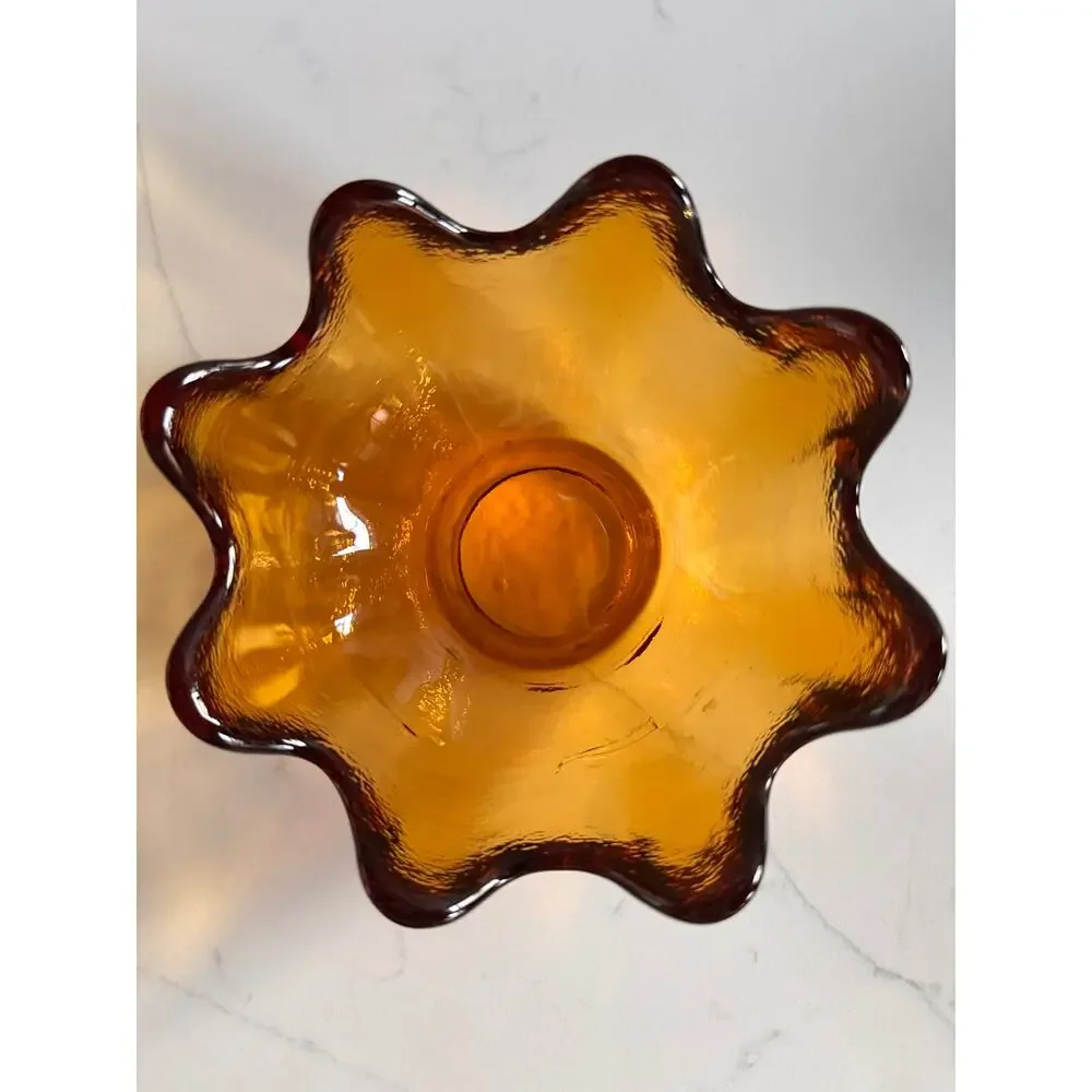 Vintage Mid Century Blenko Amber Art Glass 8 Petal Lotus Bowl 6143S Husted